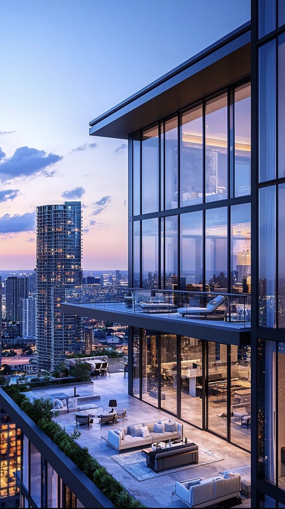 A glass penthouse terrace above a city skyline at twilight